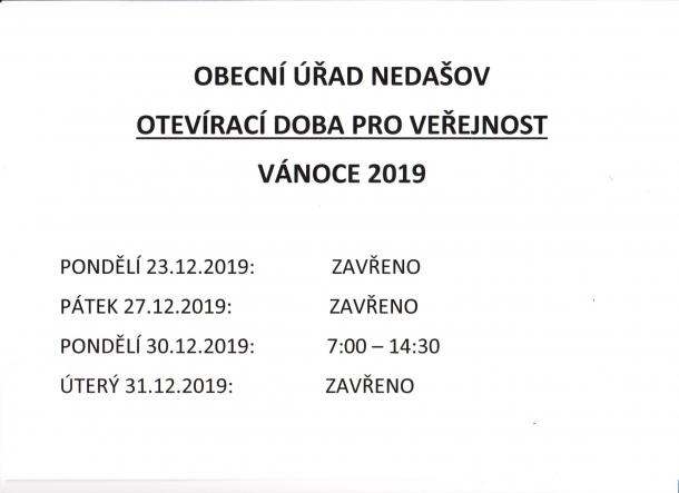 Obecní úřad Nedašov - otevírací doba pro veřejnost - vánoce 2019