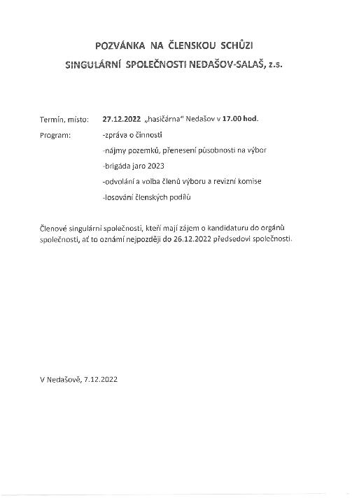 Pozvánka na členskou schůzi singulární společnosti Nedašov-Salaš,z.c.