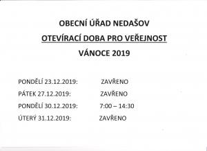 Obecní úřad Nedašov - otevírací doba pro veřejnost - vánoce 2019