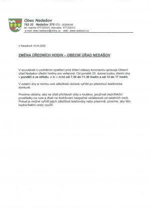 Změna úředních hodin - Obecní úřad Nedašov