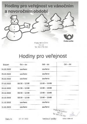 Váneční otevírací doba - Pošta Nedašov