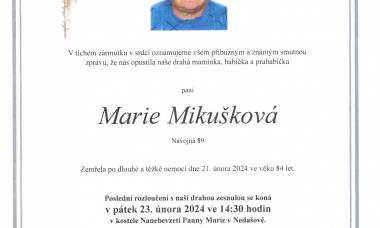 Marie Mikušková, roz. Nováková, rodačka z Nedašova č. p. 48