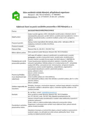 Výběrové řízení na pozici sociálního pracovníka v DSS Návojná p.o.
