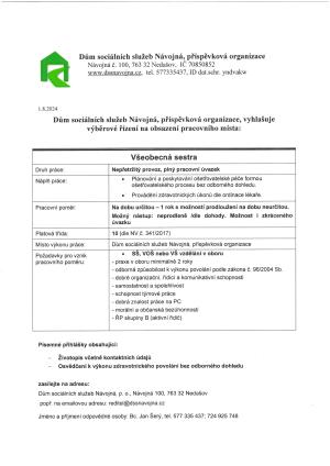Výběrové řízení na obsazení pracovního místa: Všeobecná sestra